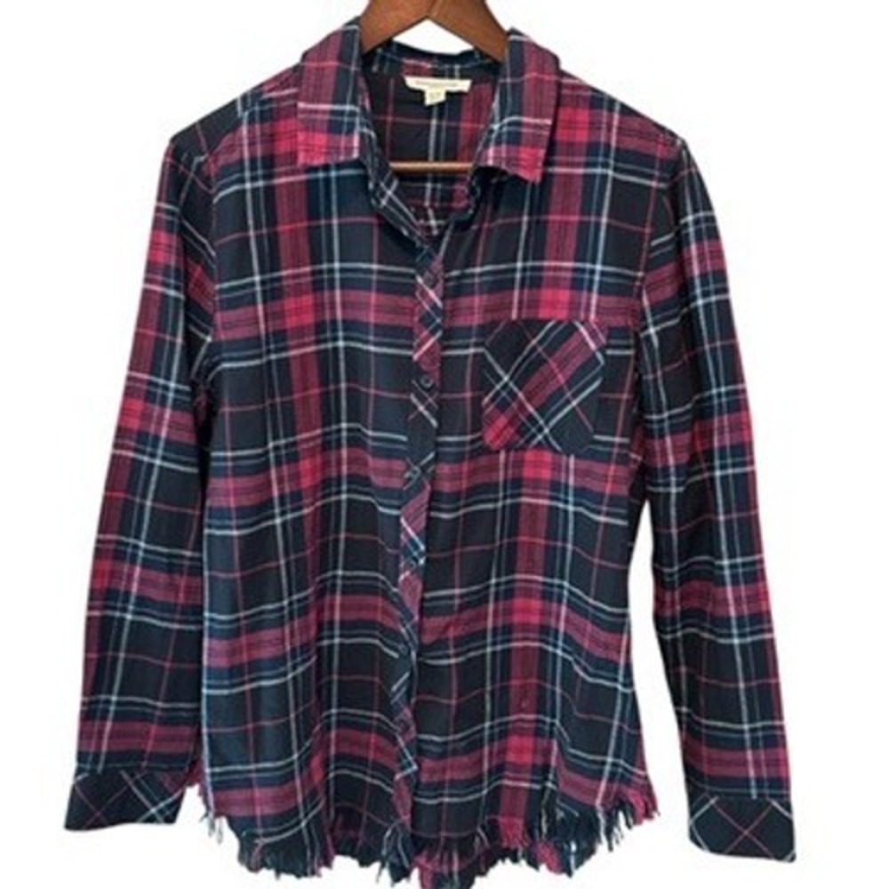 beachlunchlounge‎ Womens Plaid Flannel Button Down Shirt Fringe Hem M Cabincore